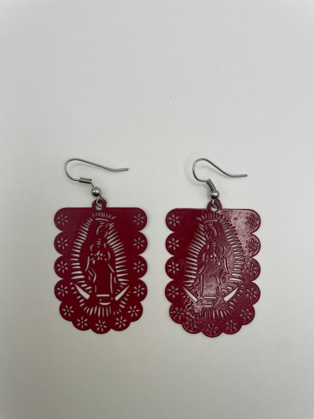 Red Silver Madonna Rectangle Dangle Drop Hook Earrings Metal No Stone Lobe